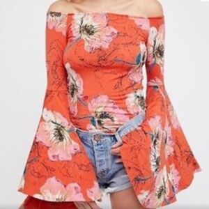 We The Free Birds of Paradise Coral Orange Floral Print Top